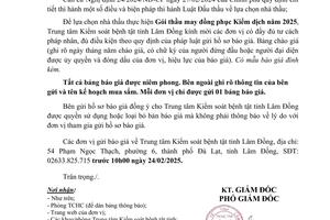 Thông báo Gửi hồ sơ chào giá Gói thầu may đồng phục kiểm dịch năm 2025