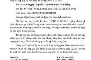 Thông báo tiếp nhận hồ sơ công bố hợp quy - Công ty Cổ phần Cấp thoát nước Lâm Đồng
