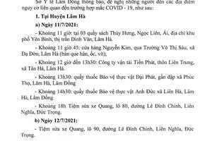 THÔNG BÁO KHẨN SỐ 15(8h00 ngày 15/7/2021) về việc tìm người có mặt tại các địa điểm nguy cơ liên quan đến trường hợp mắc COVID-19