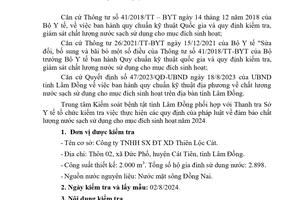 BÁO CÁO KẾT QUẢ NGOẠI KIỂM CHẤT LƯỢNG NƯỚC SẠCH SỬ DỤNG CHO MỤC ĐÍCH SINH HOẠT TẠI CÔNG TY TNHH SX ĐT XD THIÊN LỘC CÁT NĂM 2024