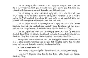 Báo cáo Kết quả ngoại kiểm chất lượng nước sạch sử dụng cho mục đích sinh hoạt tại Công ty Cổ phần Cấp thoát nước và Xây dựng Đức Trọng năm 2024