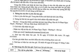 THÔNG BÁO GỬI BÁO GIÁ GÓI THẦU MUA THIẾT BỊ, PHỤ KIỆN CẦN THAY THẾ ĐỂ TIẾP TỤC KIỂM TRA, SỬA CHỮA MÁY QUANG PHỔ HẤP THỤ NGUYÊN TỬ (AAS)