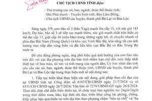CÔNG ĐIỆN VỀ VIỆC CHỦ ĐỘNG, SẴN SÀNG ỨNG PHÓ CƠN BÃO SỐ 3 TRÊN ĐỊA BÀN TỈNH LÂM ĐỒNG