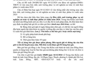 THÔNG BÁO GỬI HỒ SƠ CHÀO GIÁ HÓA CHẤT, MÔI TRƯỜNG PHỤC VỤ XÉT NGHIỆM AN TOÀN VỆ SINH THỰC PHẨM (VI SINH) NĂM 2024