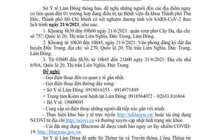 Thông báo khẩn số 4: V/v tìm người có mặt tại các địa điểm nguy cơ liên quan đến trường hợp xét nghiệm dương tính với SARS-CoV-2