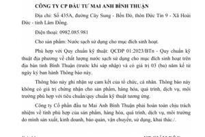 Thông báo tiếp nhận Công bố Hợp quy Công ty cổ phần đầu tư Mai Anh Bình Thuận