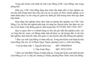 Thông báo nhận mẫu kiểm nghiệm nước.