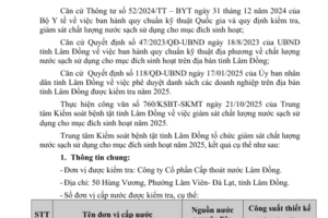 Kết quả ngoại kiểm chất lượng nước sạch sử dụng cho mục đích sinh hoạt  tại Công ty Cổ phần Cấp thoát nước Lâm Đồng năm 2025