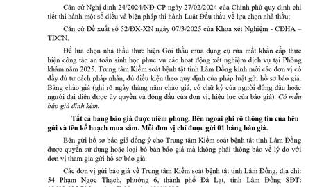 Thông báo Gửi hồ sơ chào giá Gói thầu mua dụng cụ rửa mắt khẩn cấp thực hiện công tác an toàn sinh học phục vụ các hoạt động xét nghiệm dịch vụ tại Phòng khám năm 2025