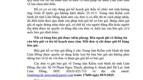 Thông báo Gửi hồ sơ chào giá Gói thầu tổ chức mít tinh hưởng ứng Tuần lễ Quốc gia không khói thuốc 25-31/5 (lần 2)