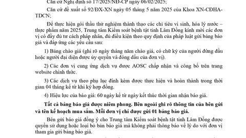 Thông báo Gửi bảng giá và hỗ trợ năng lực thực hiện gói thầu thử nghiệm thành thạo các chỉ tiêu vi sinh, hóa lý nước - thực phẩm năm 2025