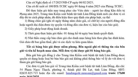 Thông báo gửi chào giá và hồ sơ chứng minh năng lực gói thầu may trang phục cho Viên chức - người lao động Khu điều trị Phong năm 2025