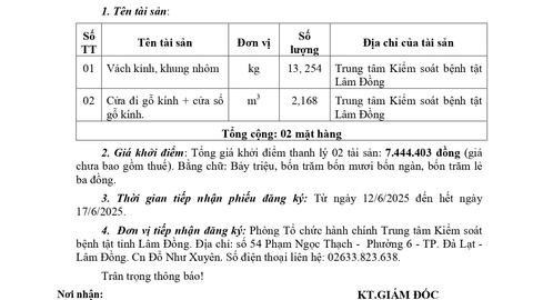 THÔNG BÁO VỀ VIỆC BÁN TÀI SẢN THANH LÝ