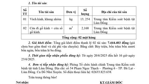 THÔNG BÁO VỀ VIỆC BÁN TÀI SẢN THANH LÝ (LẦN 2)