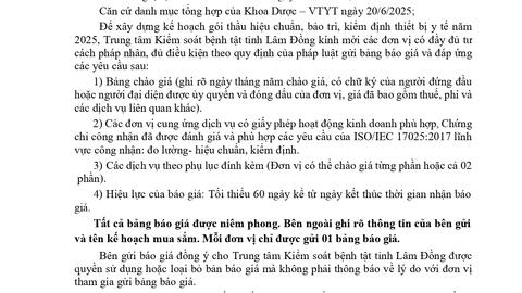 Thông báo Gửi bảng chào giá gói thầu hiệu chuẩn, bảo trì, kiểm định thiết bị y tế năm 2025