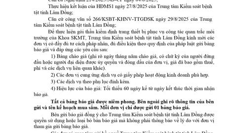 Thông báo Gửi bảng chào giá gói thầu kiểm định trang thiết bị phục vụ công tác quan trắc môi trường của Khoa SKMT (lần 2)