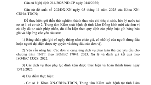 Thông báo Gửi bảng chào giá và hồ sơ năng  lực thực hiện gói thầu thử nghiệm thành  thạo các chỉ tiêu vi sinh, hóa lý nước tại  cơ sở 1 và cơ sở 2