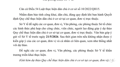 Lấy ý kiến dự thảo Quyết định ban hành Quy chế thực hiện dân chủ ở cơ  sở tại cơ quan, đơn vị trực thuộc Sở Y tế tỉnh Lâm Đồng