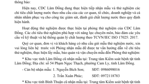 Thông báo nhận mẫu kiểm nghiệm nước