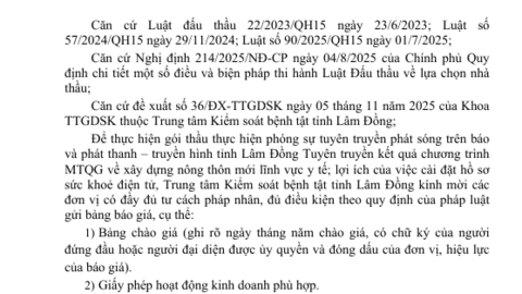 Thông báo gửi bảng chào giá gói thầu thực  hiện phóng sự tuyên truyền phát  sóng trên báo và phát thanh –  truyền hình tỉnh Lâm Đồng.