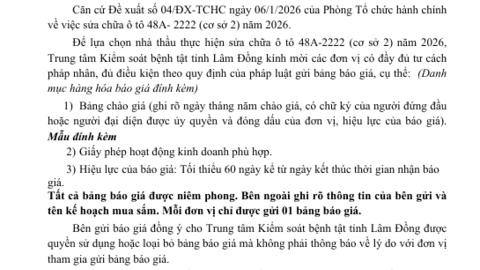 Thông báo  Gửi hồ sơ chào giá Gói thầu sửa  chữa ô tô (cơ sở 2) năm 2026