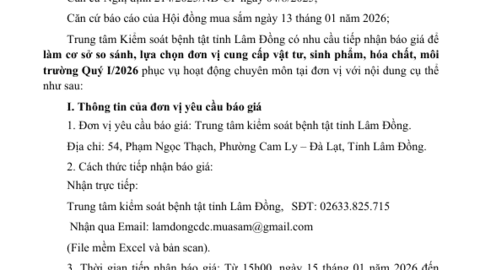 Thông báo Gói thầu: Mua vật tư, sinh phẩm, hóa chất, môi trường Quý I/2026  của Trung tâm kiểm soát bệnh tật tỉnh Lâm Đồng.