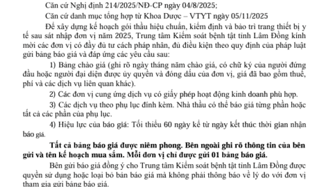 Gửi bảng chào giá gói thầu hiệu  chuẩn, kiểm định và bảo trì trang thiết  bị y tế sau sát nhập đơn vị năm 2025