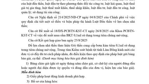 Thông báo Gửi hồ sơ chào giá Gói thầu cung cấp bơm kim tiêm 0.1 ml sử dụng trong tiêm chủng mở rộng năm 2025