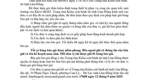 Thông báo Gửi bảng chào giá gói thầu kiểm định trang thiết bị phục vụ công tác quan trắc môi trường của Khoa SKMT
