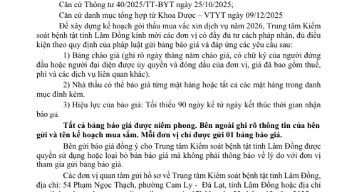 Thông báo Gửi bảng chào giá gói thầu vắc xin dịch vụ năm 2026