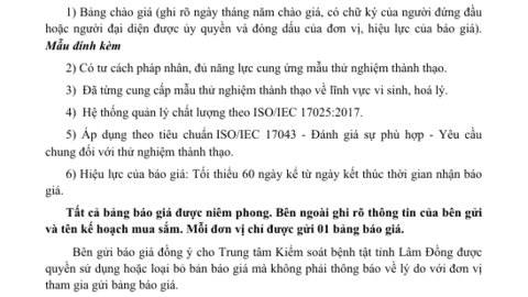 Gửi hồ sơ chào giá Gói thầu Tham  gia thử nghiệm thành thạo các chỉ tiêu  vi sinh, hóa lý nước-thực phẩm  năm 2026 lần 3