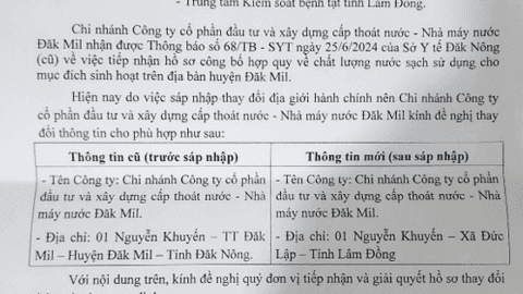 Thông báo Thay đổi thông tin hành chính hồ sơ công bố hợp quy - Nhà máy nước Đắk Mil