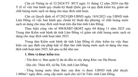 Báo cáo Kết quả ngoại kiểm chất lượng nước sạch sử dụng cho mục đích sinh hoạt  tại Ban quản lý dự án đầu tư xây dựng khu vực Đạ Huoai năm 202