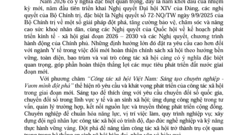 Nhân kỷ niệm “Ngày Công tác xã hội Việt Nam” lần thứ 10 năm 2026, Sở Y tế nhận được Thư chúc mừng của Bộ trưởng Bộ Y tế gửi đội ngũ những người làm công tác xã hội trong cả nước